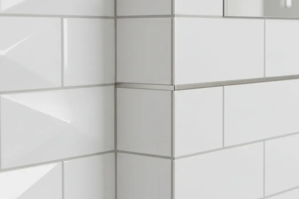 Close-up comparison showing beveled subway tile angled chamfer next to flat edge flush transition