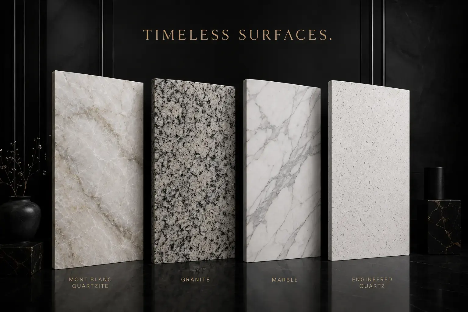 Conceptual rendering of luxury stone slabs featuring Mont Blanc quartzite, granite, marble, and engineered quartz