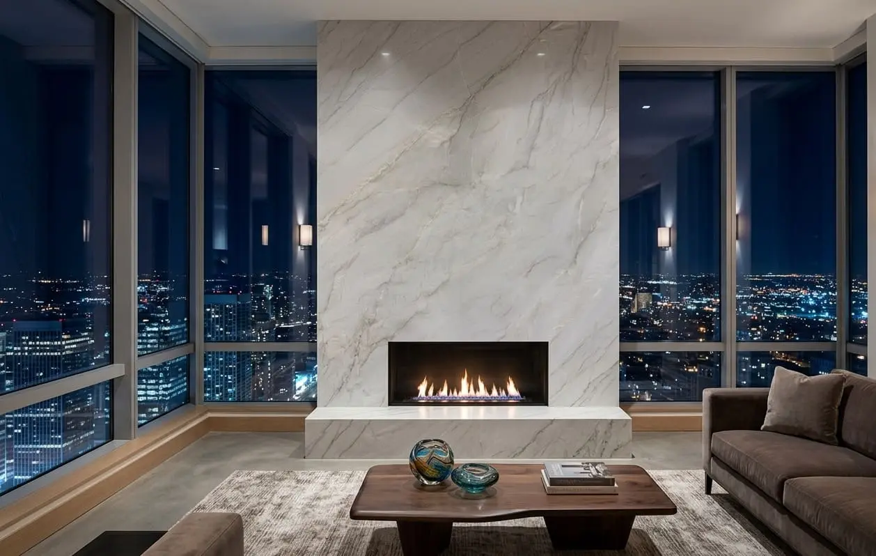 Conceptual rendering of luxury living room at night featuring a large fireplace made of elegant Mont Blanc quartzite at Reno, NV
