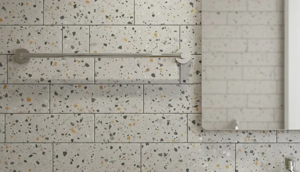 Conceptual rendering of terrazzo-look subway tile bathroom wall with chrome towel bar and mirror