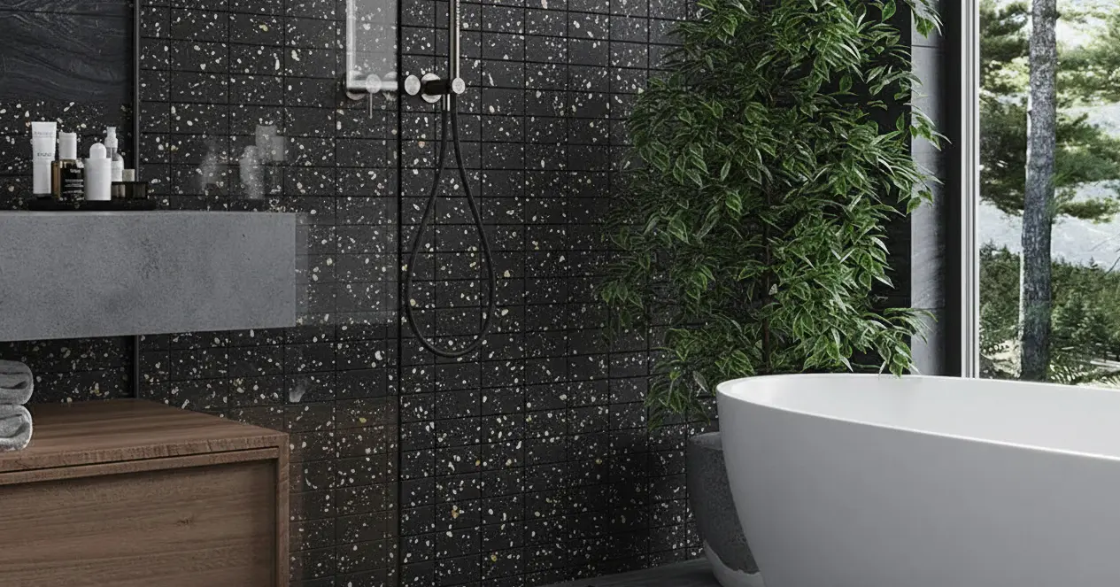 Conceptual rendering of black terrazzo-look mosaic tile shower with freestanding tub and greenery