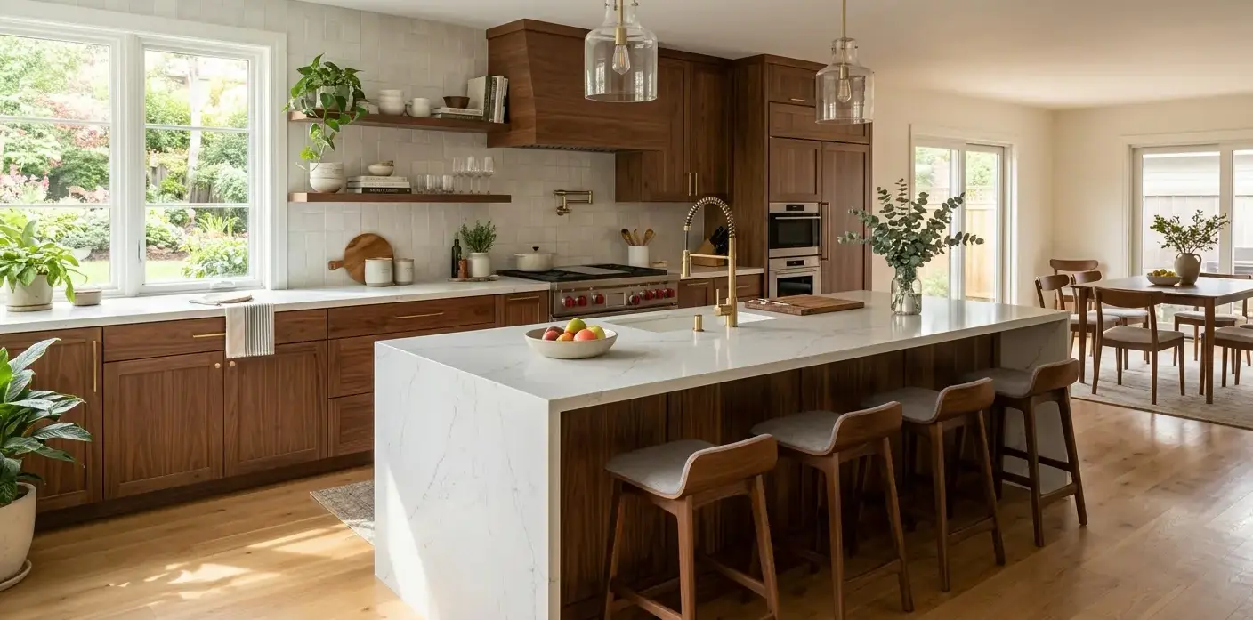 Conceptual rendering of Engineered Stone Countertops paired with warm wood cabinetry
