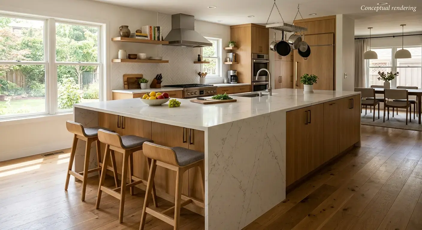 Conceptual rendering of an Engineered Stone Countertops kitchen island with waterfall edge