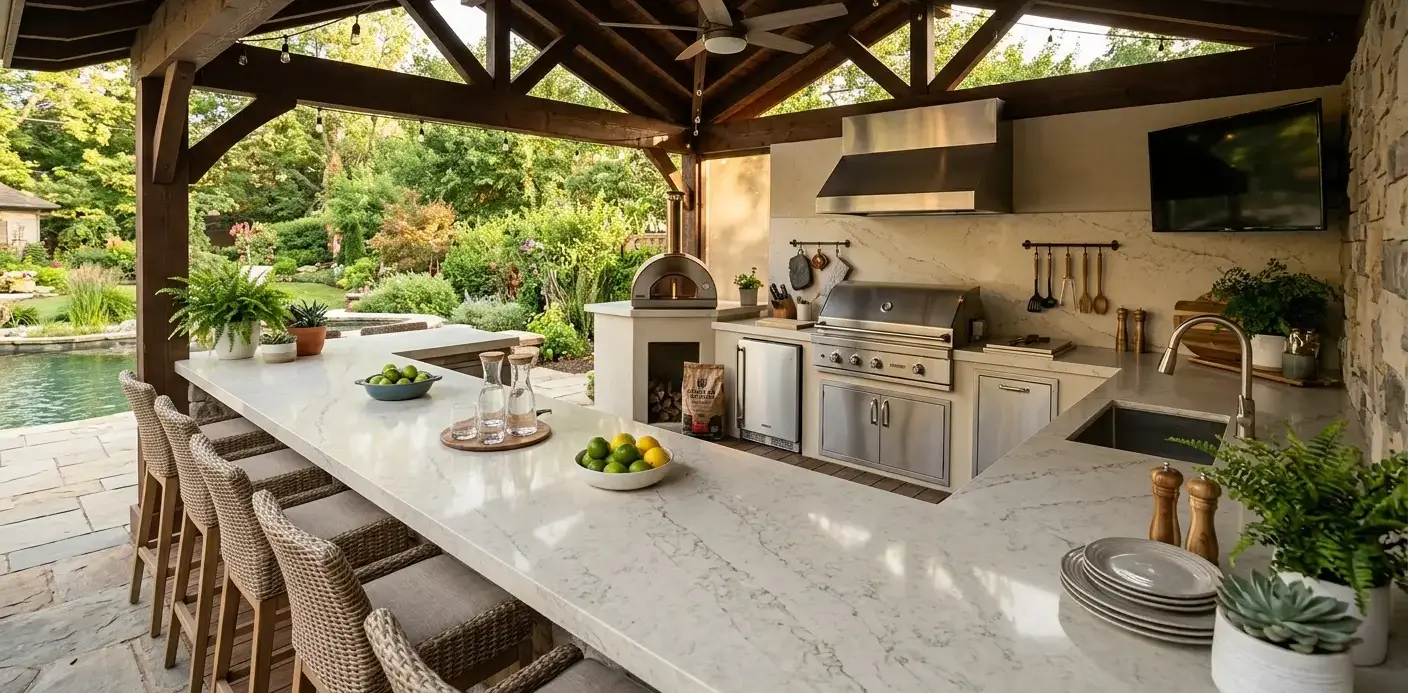 Conceptual rendering of Engineered Stone Countertops in a covered outdoor kitchen