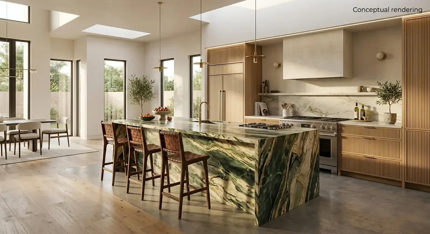 Conceptual rendering of an exotic marble slab kitchen island