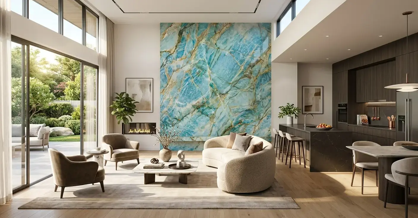 Conceptual rendering of an exotic marble slab accent wall