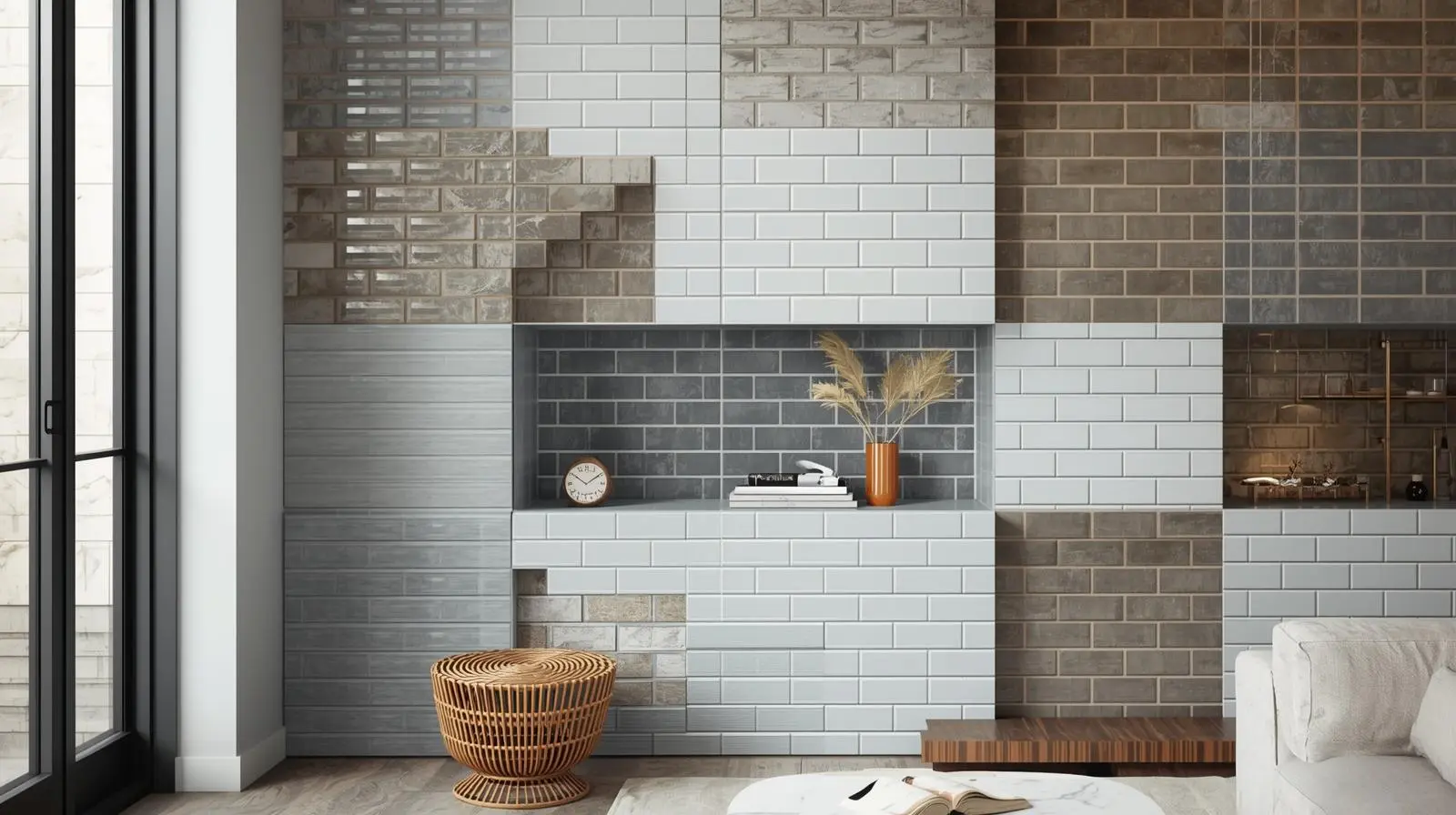 Different subway tiles installed in interior design for living room
