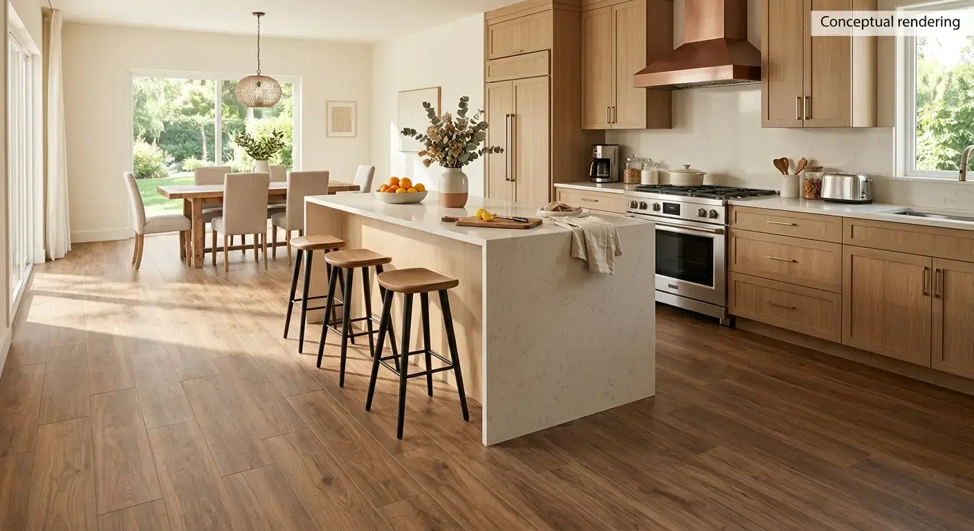 Conceptual rendering of wood look plank porcelain tile in kitchen flooring