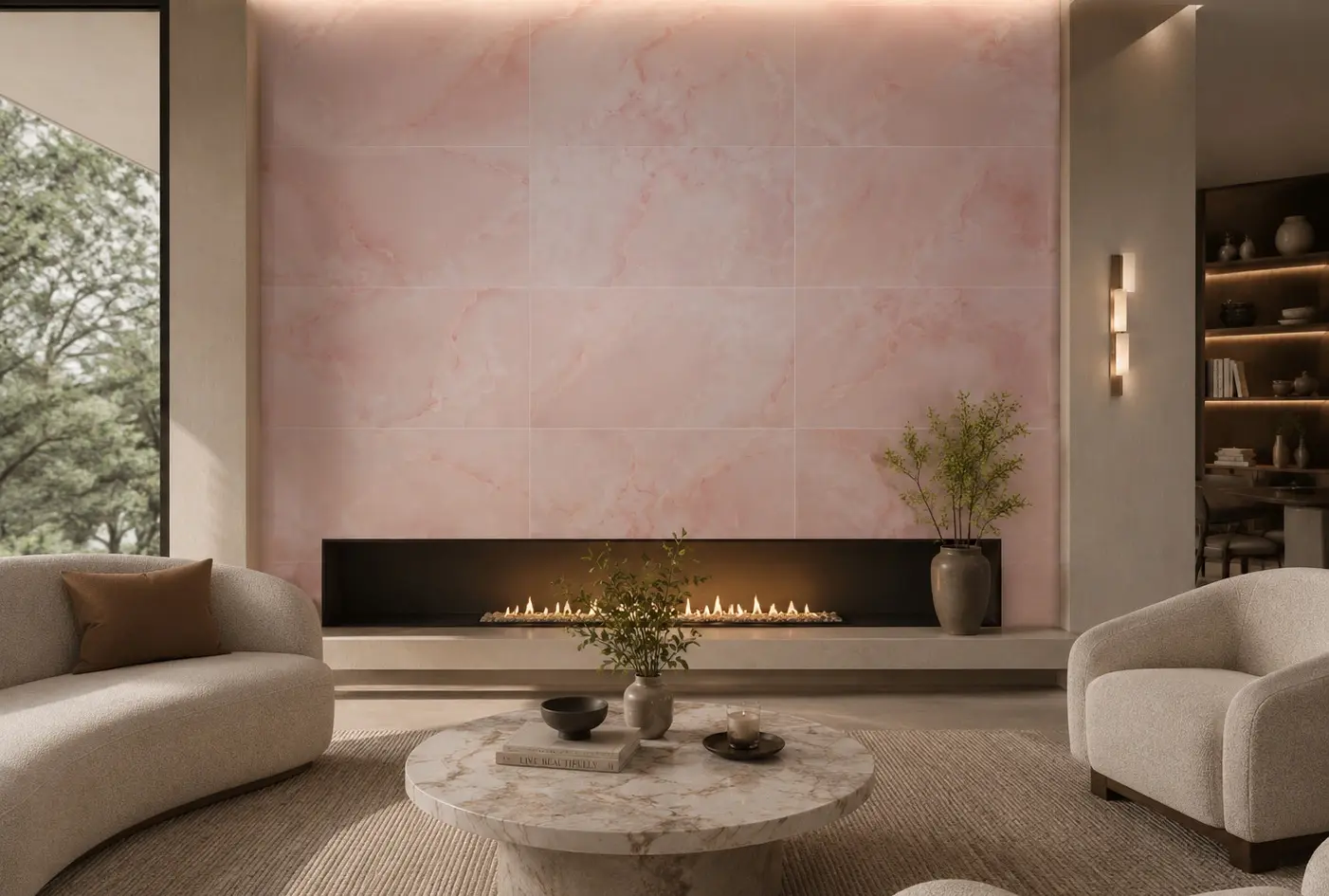 Conceptual rendering of luxury living room at Sparks NV home featuring coral porcelain tile accent wall