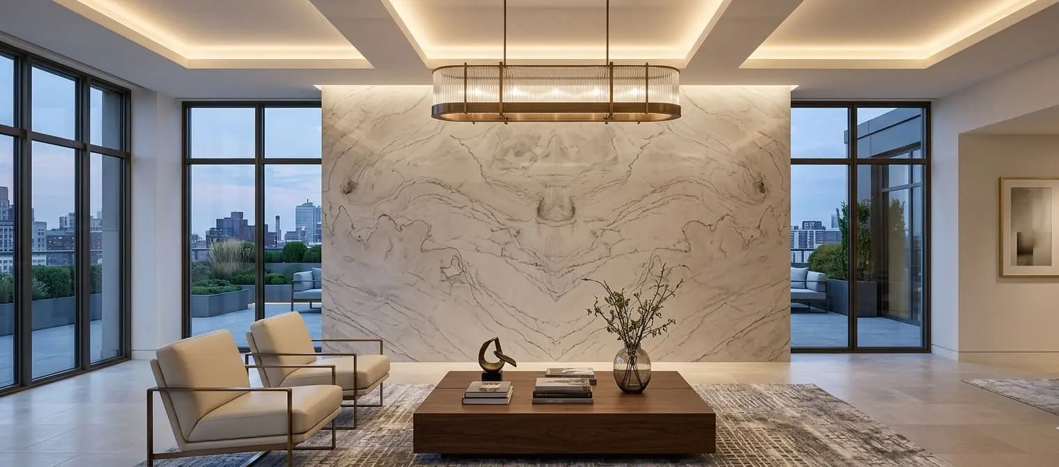 Conceptual rendering of Taupe quartzite accent wall in a luxurious penthouse at Sparks, NV