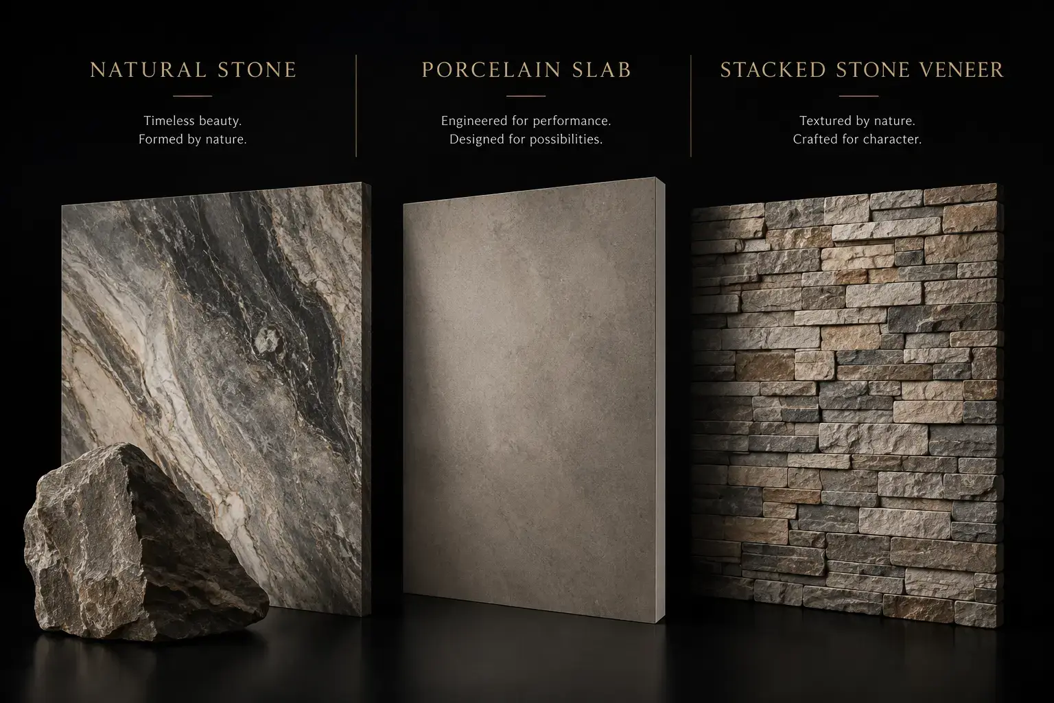 Conceptual rendering of natural stone, porcelain slab, and stacked stone veneer on black background