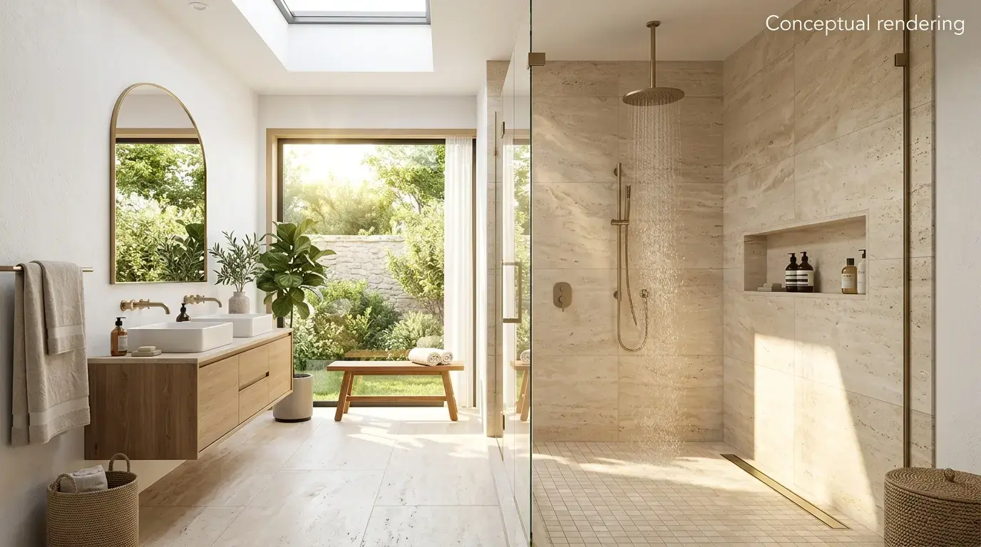 Conceptual rendering of a Bathroom Trends shower wall with honed travertine tile