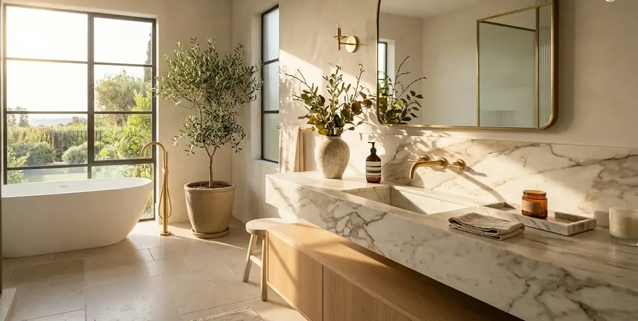 Conceptual rendering of a Bathroom Trends vanity with warm marble slab