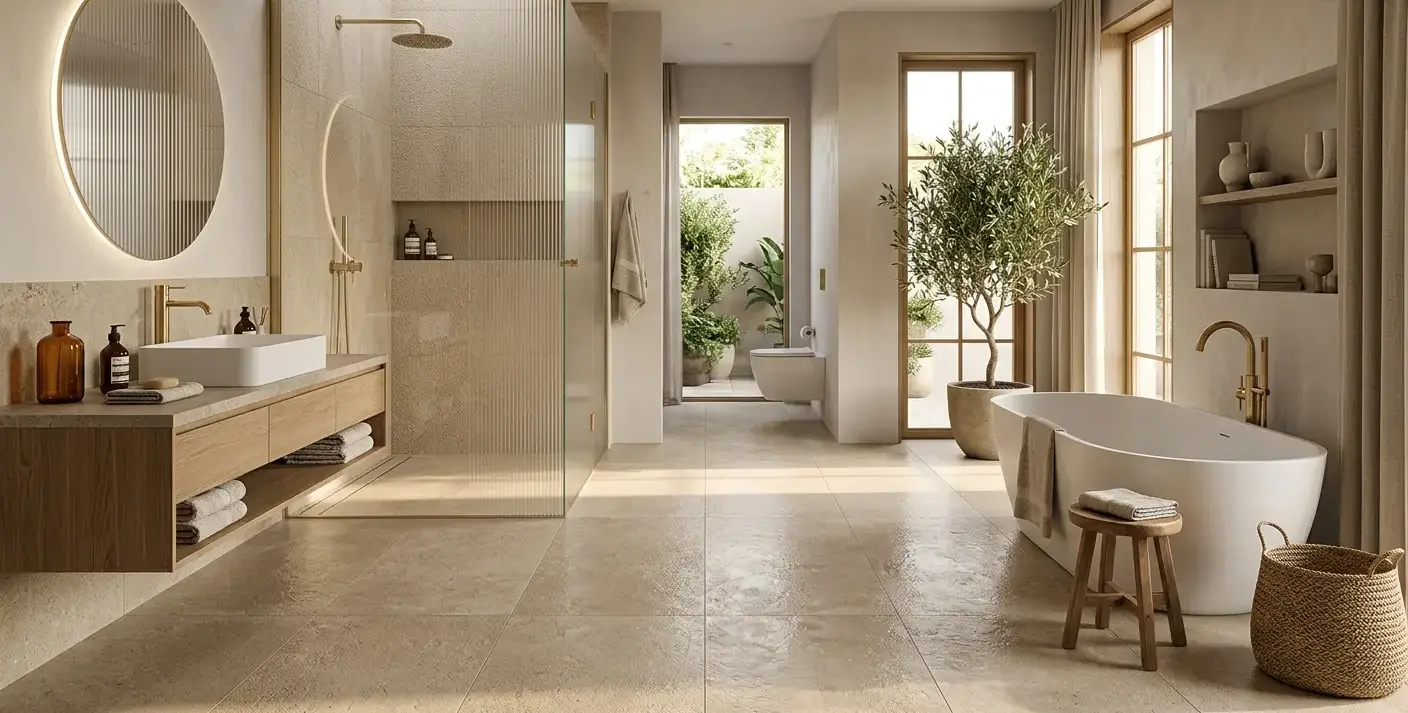 Conceptual rendering of a Bathroom Trends floor with matte porcelain tile