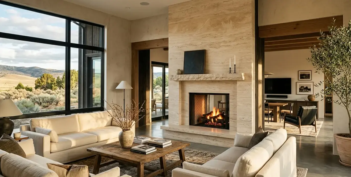 Conceptual rendering of a travertine fireplace surrounds concept in a Fallon home