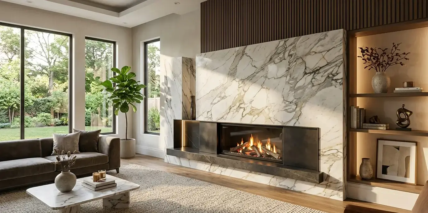 Conceptual rendering of a modern fireplace surrounds design with full-slab stone paneling