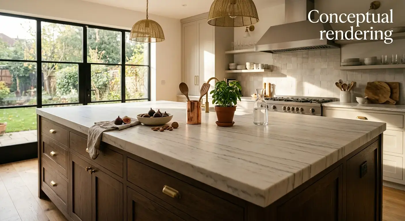 Conceptual rendering of honed finish marble in kitchen island