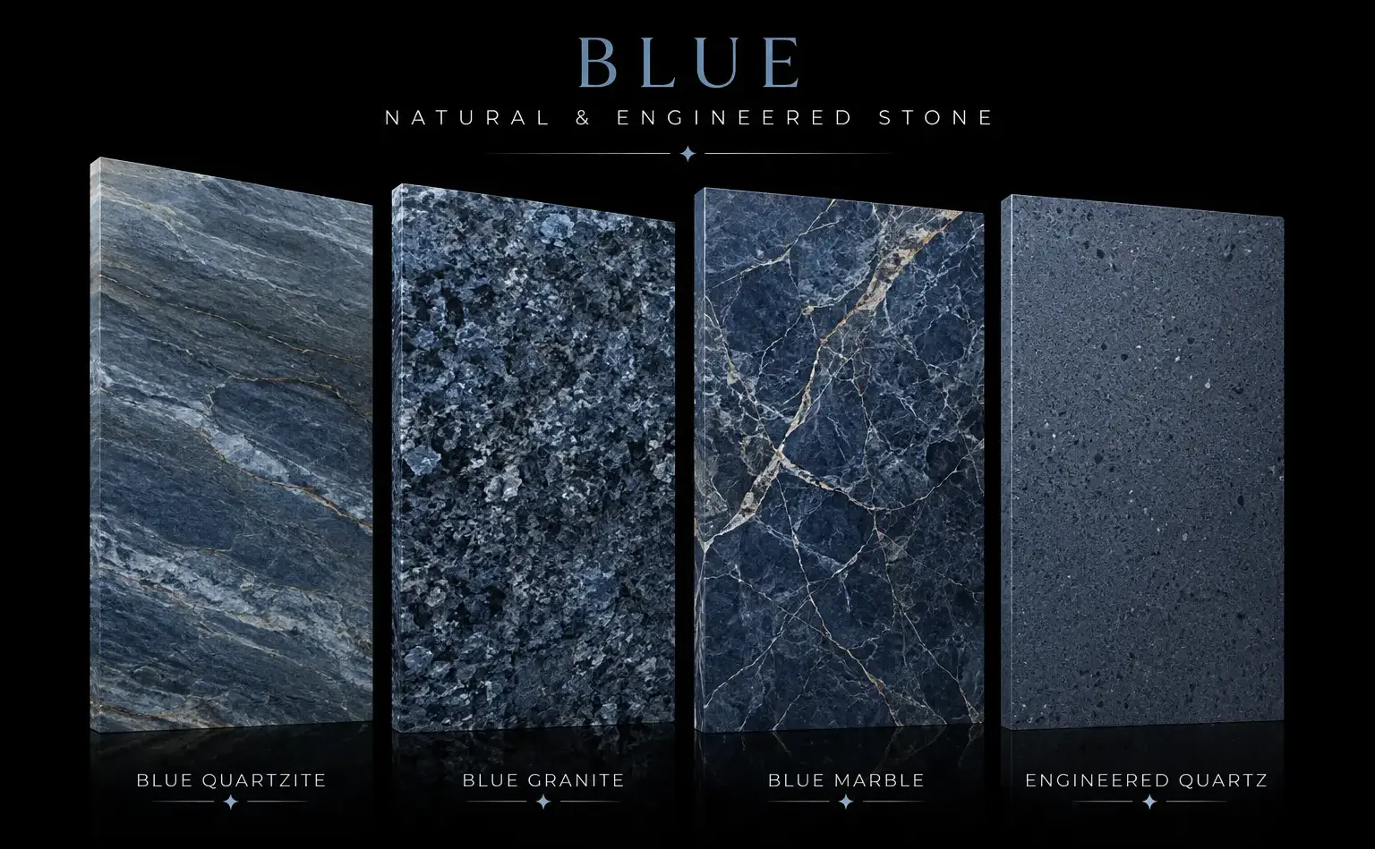 Conceptual rendering of blue quartzite, granite, marble, and engineered quartz slabs in blue tones
