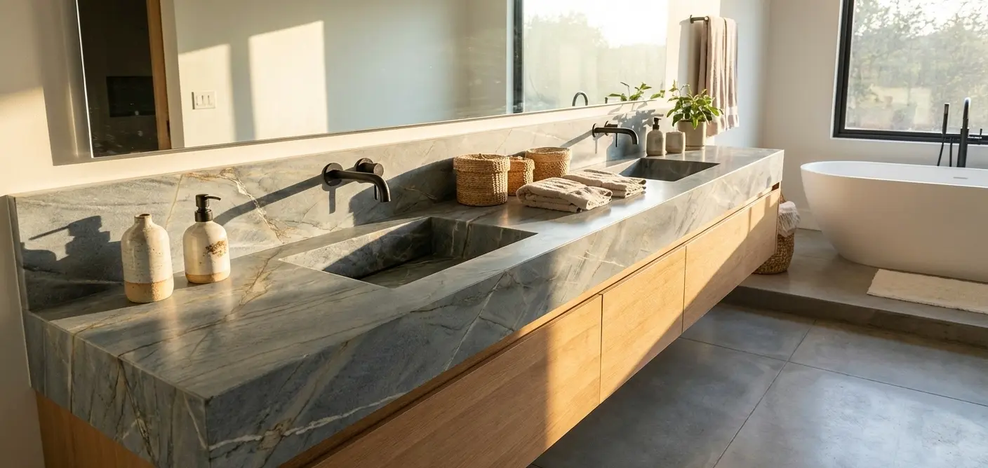 Conceptual rendering of honed blue quartzite slab countertop at Stateline, NV