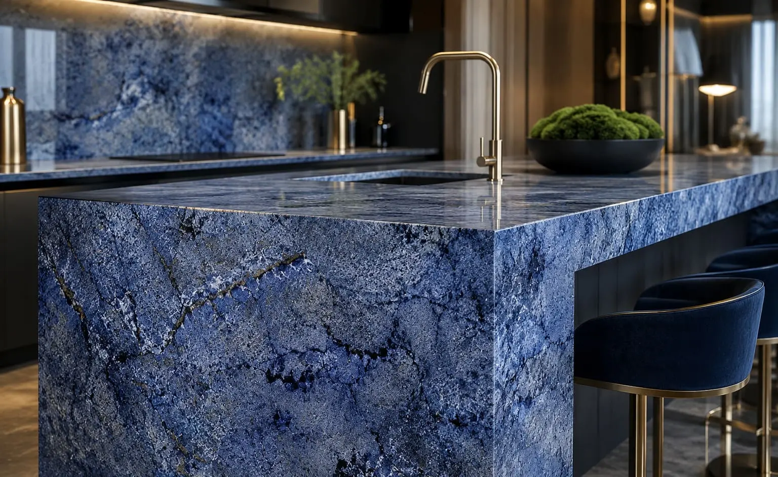 Conceptual rendering of luxury interior featuring a seamless blue kitchen island in a modern high-end kitchen design at Stateline, NV