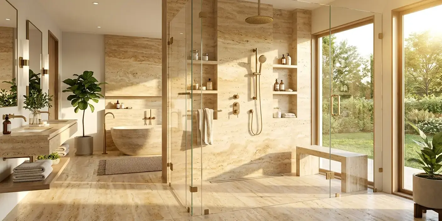 onceptual rendering of a Stagecoach Luxury Bathrooms shower wall in warm travertine