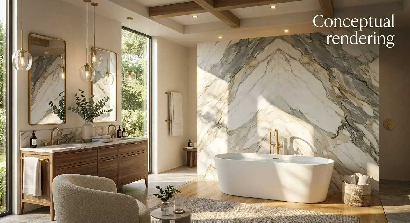 Conceptual rendering of a Stagecoach Luxury Bathrooms marble accent wall
