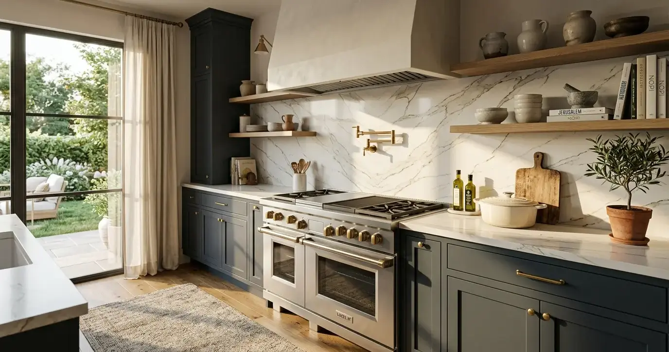 Conceptual rendering of a quartz slab backsplash behind a cooking range
