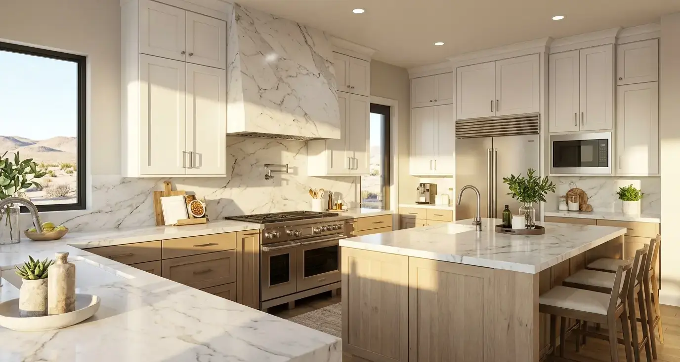 Conceptual rendering of a slab backsplash in a transitional Fernley kitchen