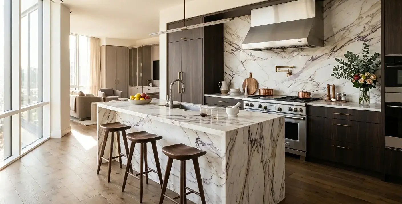 Conceptual rendering of a full-height slab backsplash with a waterfall island