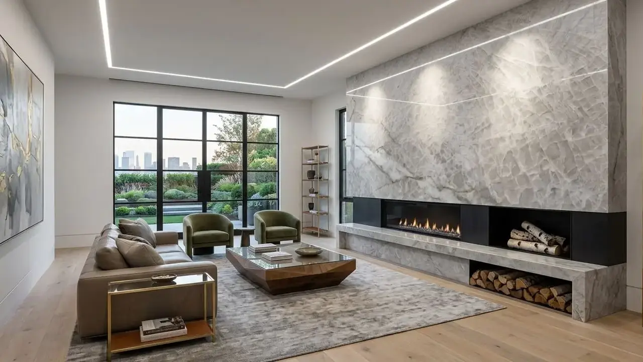 Conceptual rendering of living room with a prominent Allure quartzite fireplace at Reno NV