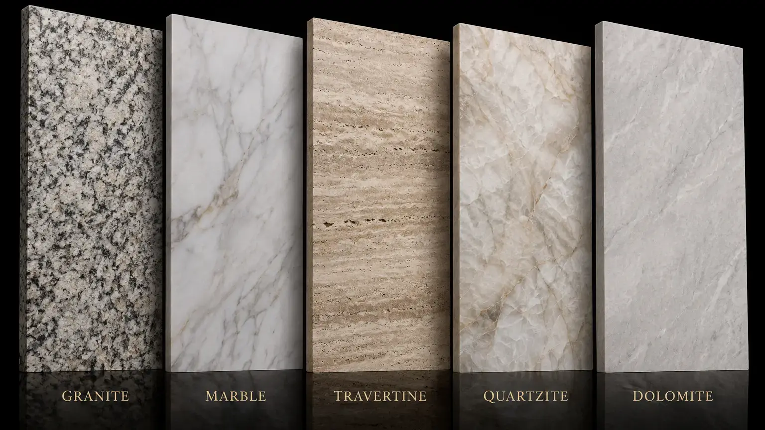 Conceptual rendering of granite, marble, travertine, quartzite, and dolomite slabs on black background