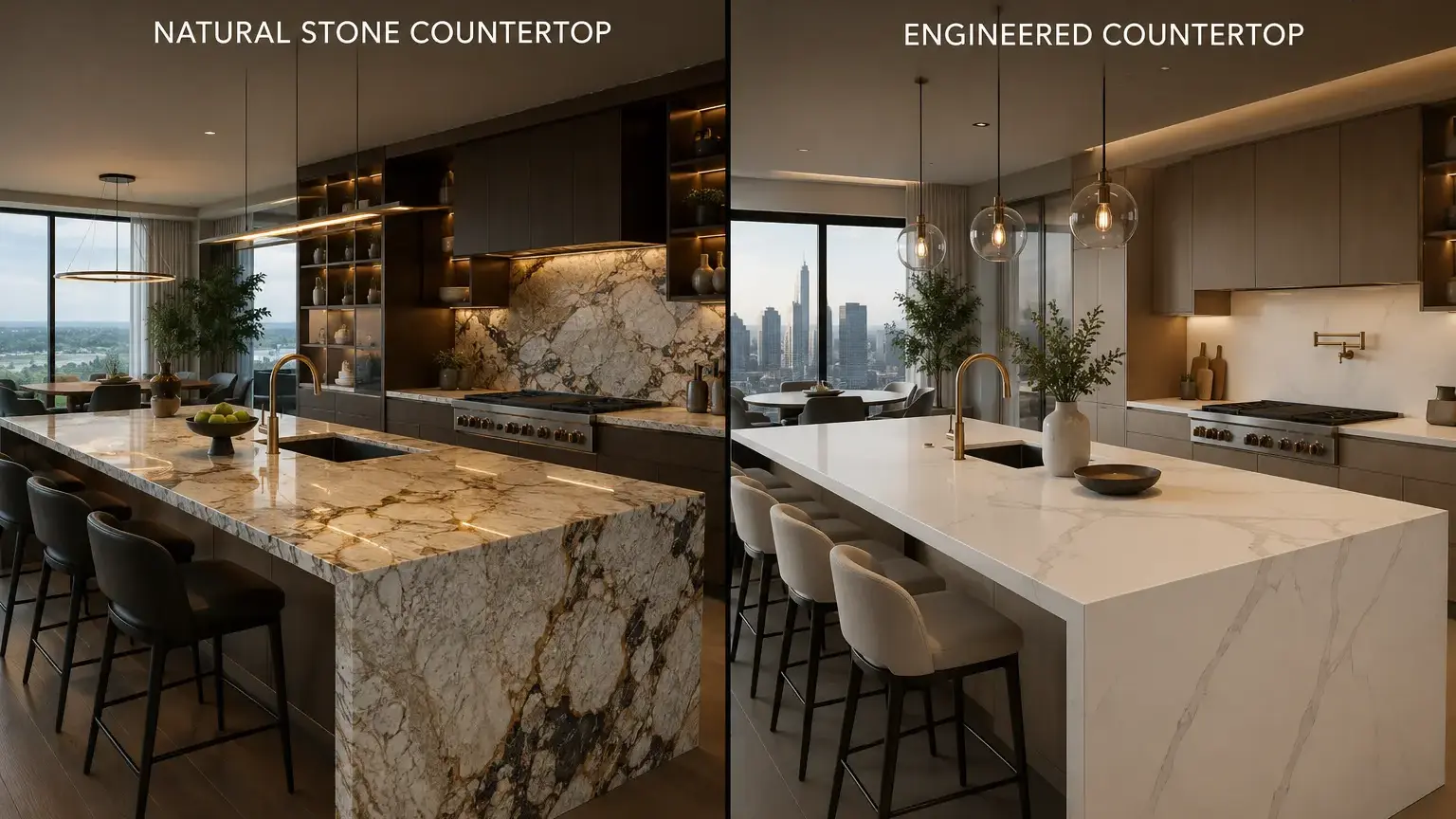 Conceptual rendering of natural stone and engineered countertop comparison in a luxury kitchen at Reno, NV home