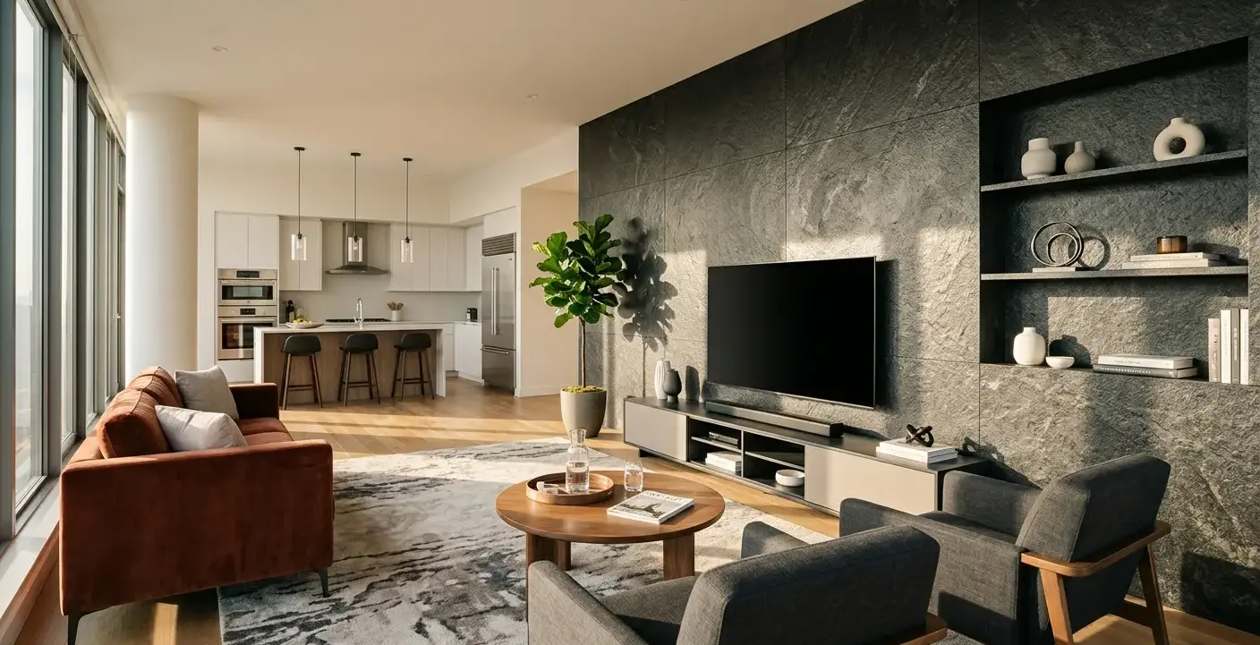 Conceptual rendering of a leathered granite wall cladding statement wall