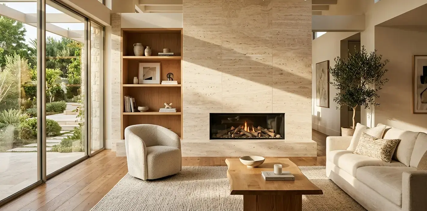 Conceptual rendering of a wall cladding fireplace surround in honed travertine stone
