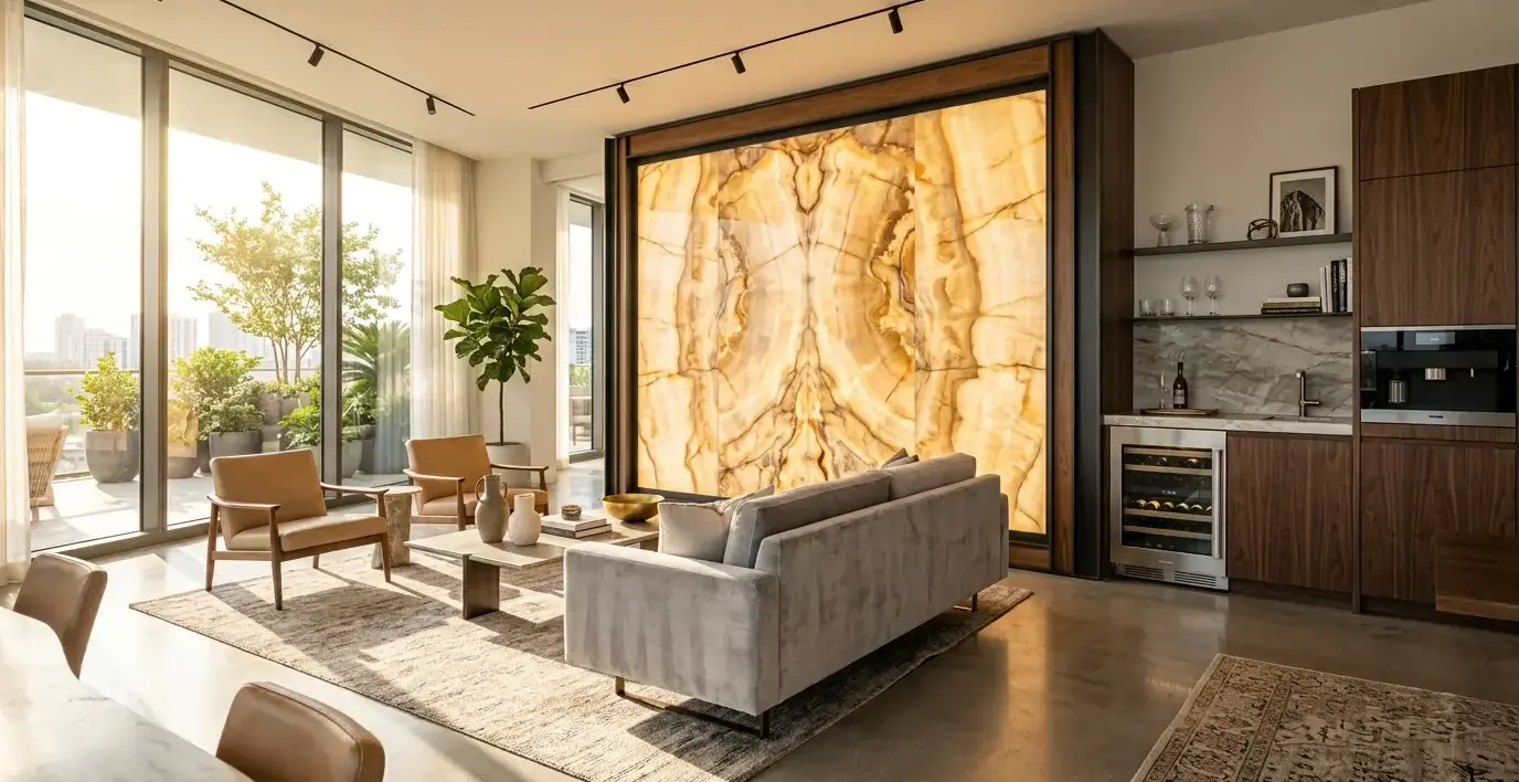Conceptual rendering of a backlit onyx wall cladding accent panel