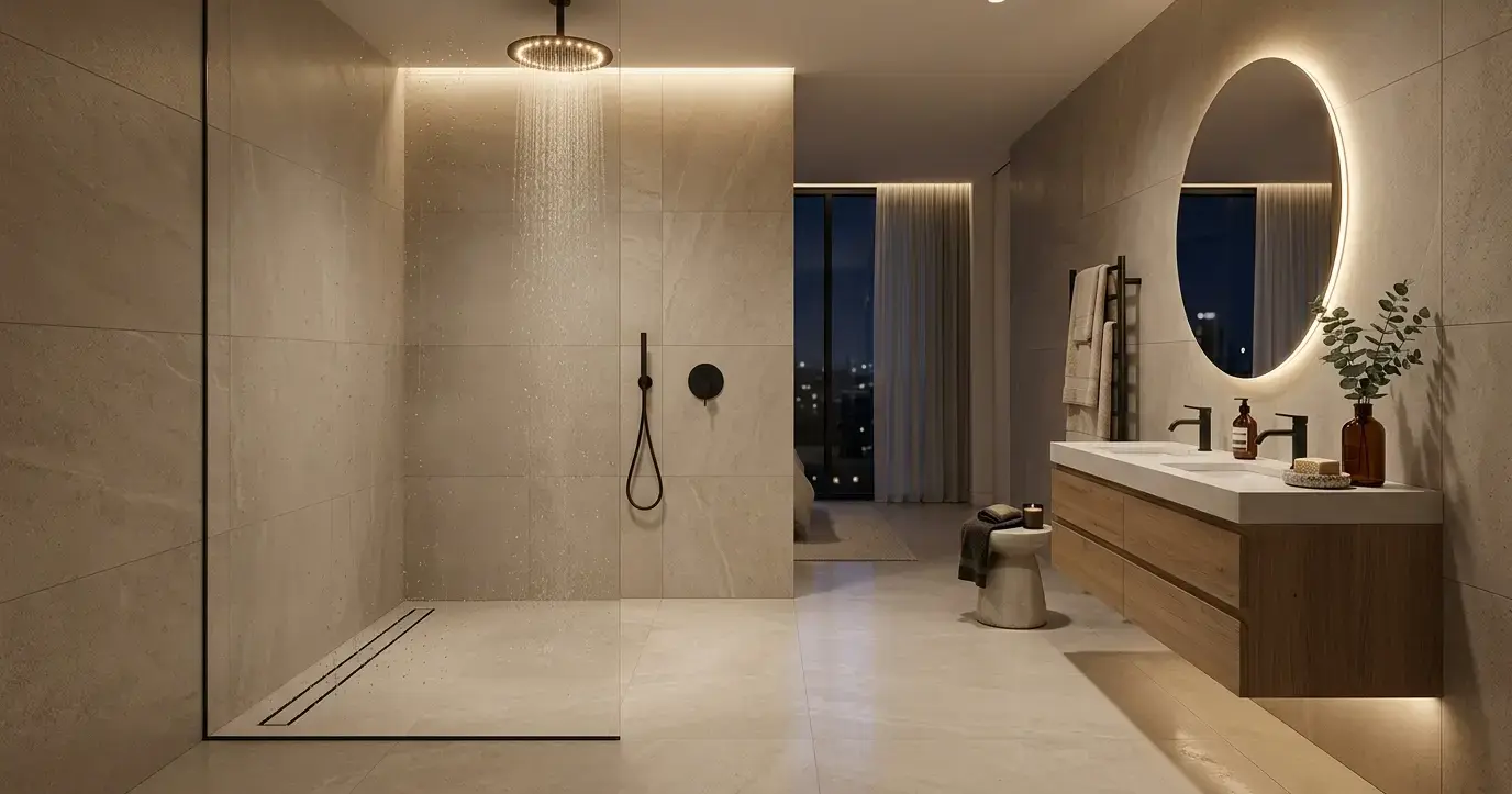 Conceptual rendering of a minimalist shower with warm bathroom lighting and honed porcelain walls