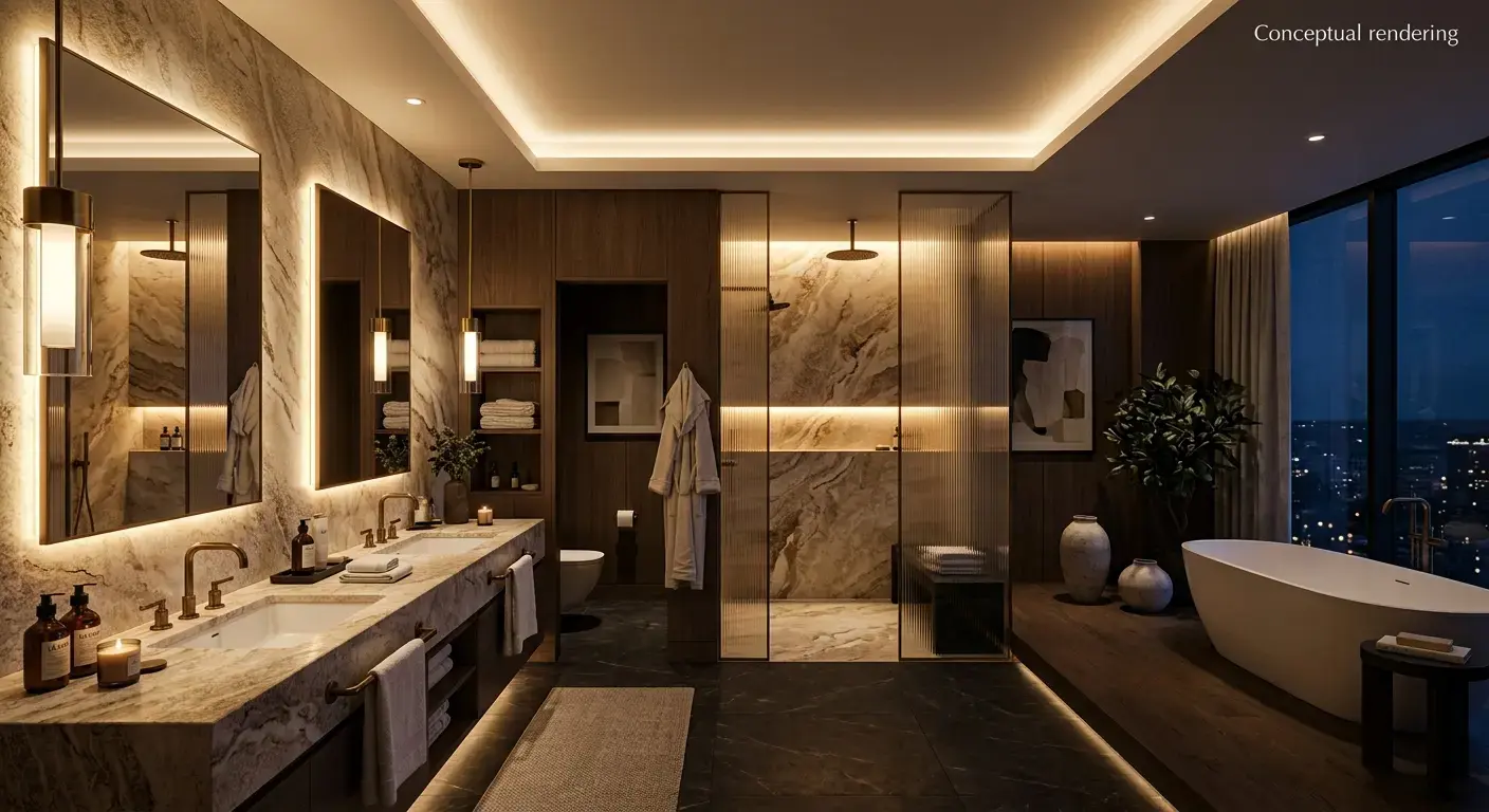 Conceptual rendering of a Fallon bathroom with layered warm bathroom lighting and leathered marble
