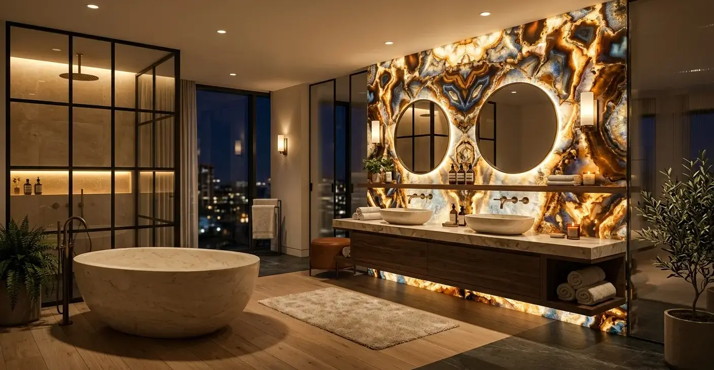 Conceptual rendering of a backlit semi-precious stone wall with warm bathroom lighting