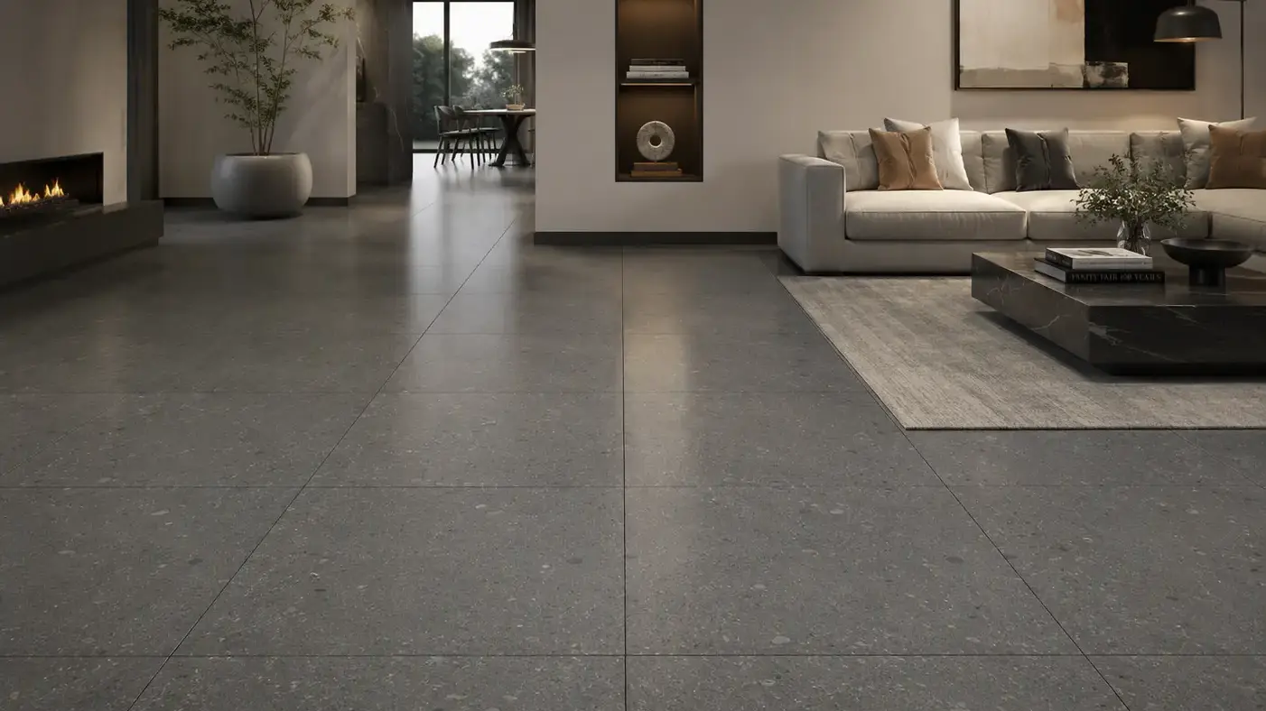 Conceptual rendering of living room featuring City sidewalk 24x24 cement look porcelain tile flooring in a modern interior at Tahoe City, CA