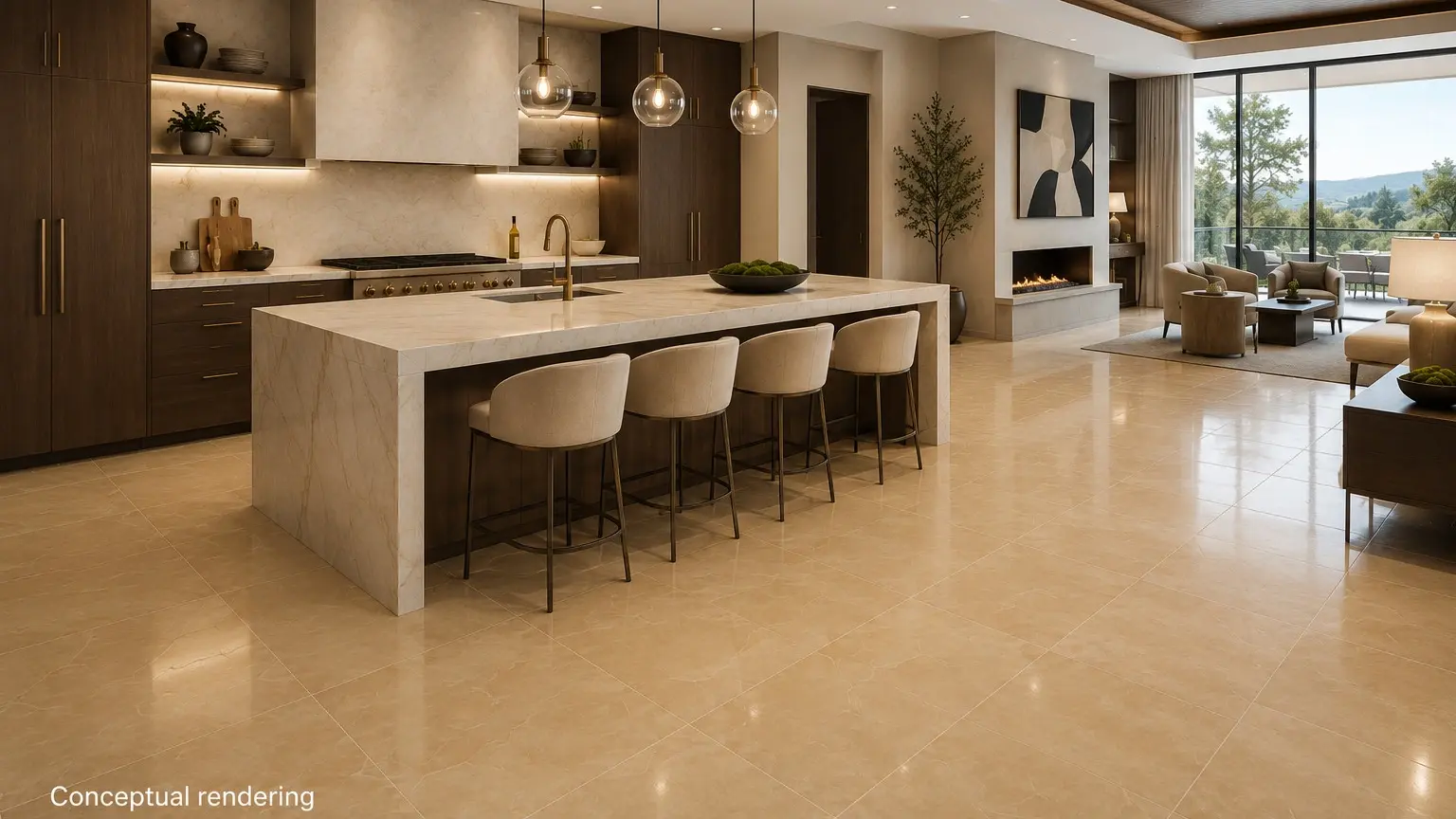 Conceptual rendering of modern kitchen at Tahoe City home with large-format honey porcelain tile flooring