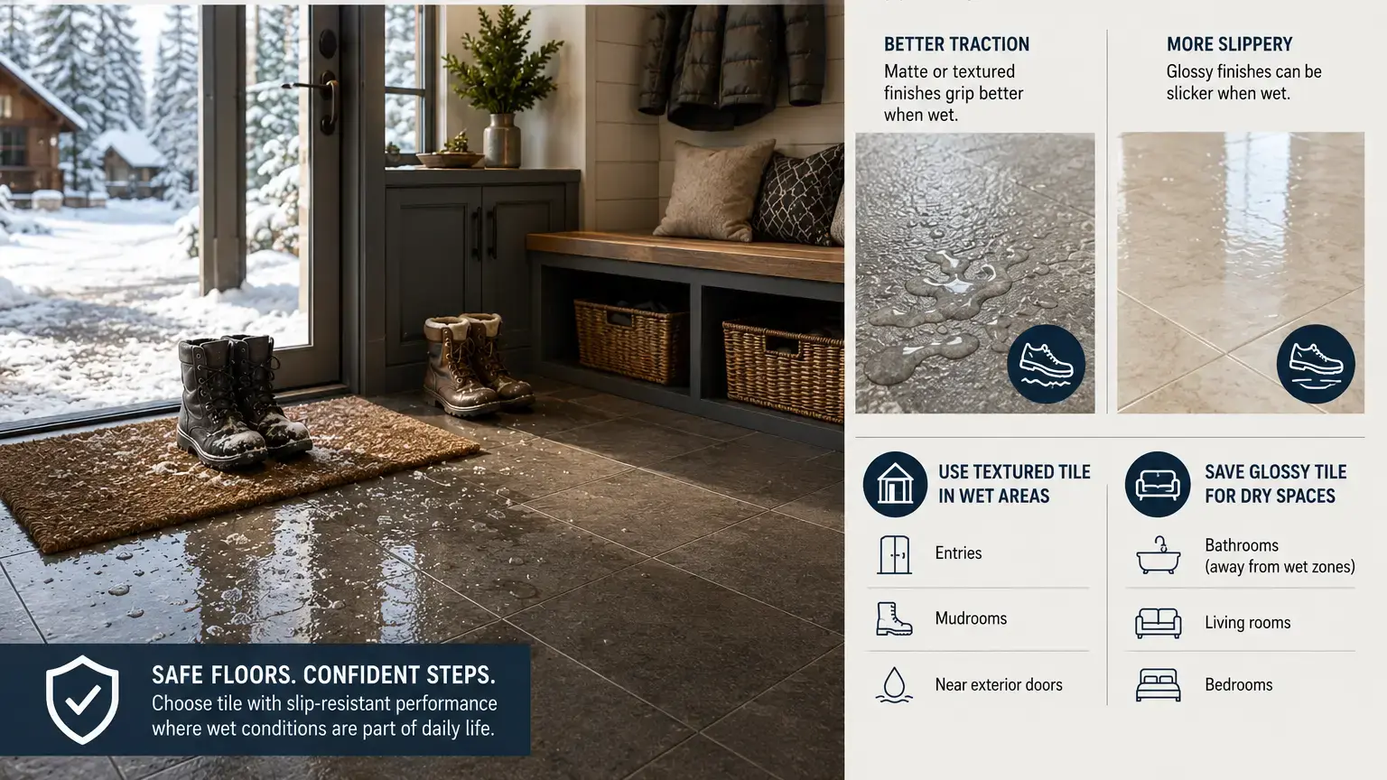 Conceptual rendering of slip-resistant tile in a snowy climate mudroom at Tahoe City home
