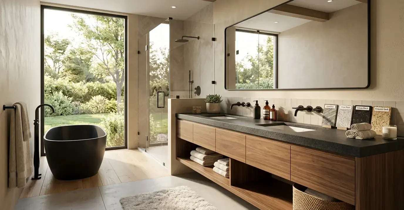 Conceptual rendering of a warm minimalist bathroom with leathered granite countertop stone options and matte black fixtures