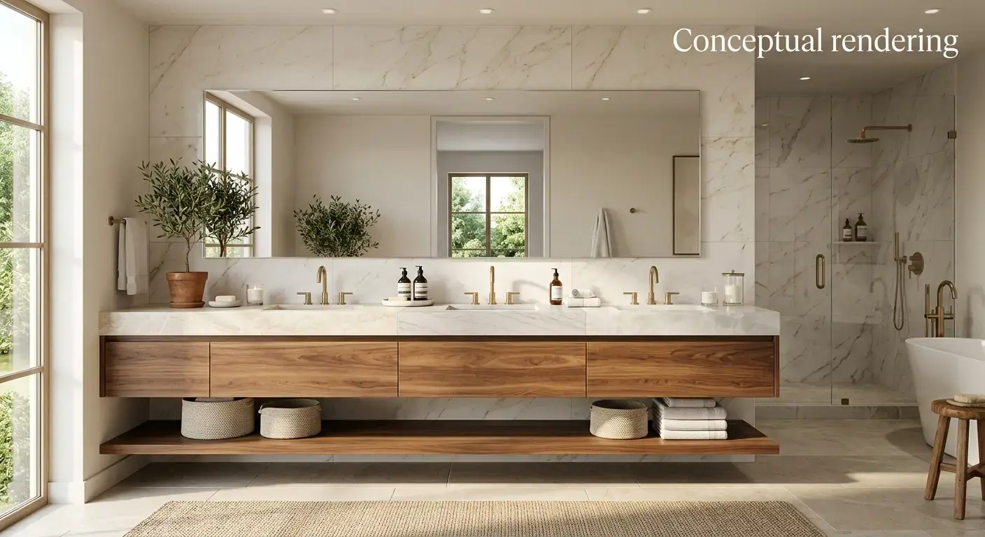 Conceptual rendering of a floating wood vanity paired with countertop stone options in soft quartzite tones