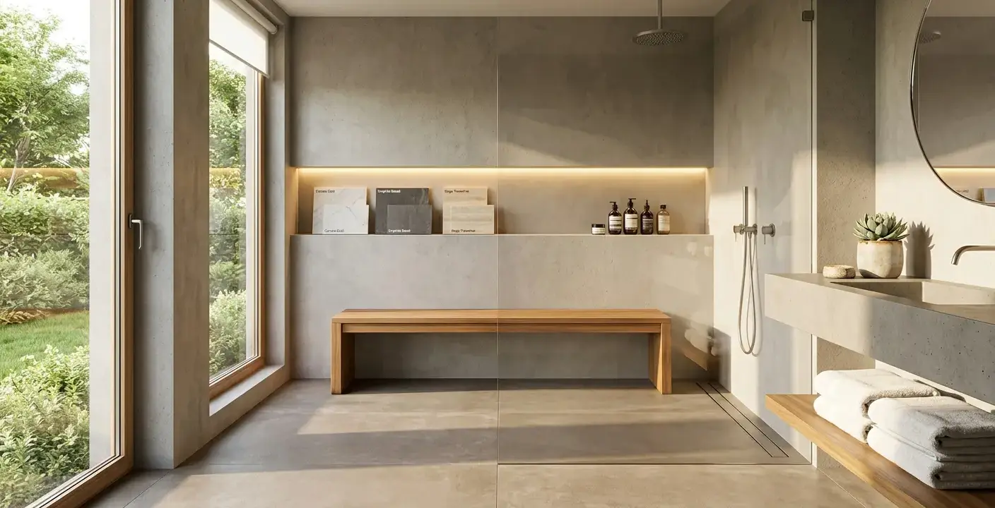 Conceptual rendering of a curbless shower niche with porcelain countertop stone options and a warm wood bench