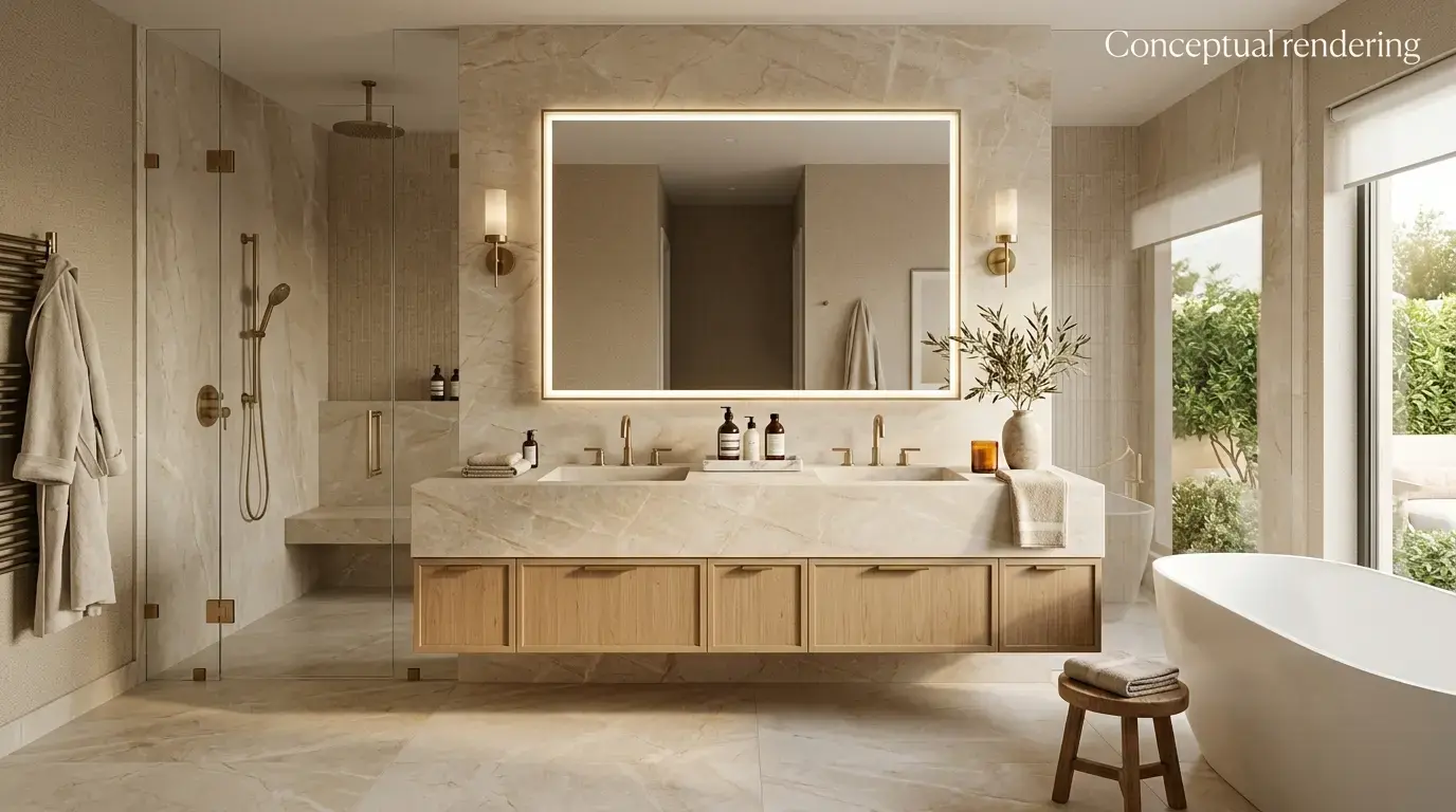 Conceptual rendering of a bathroom remodel featuring a honed quartzite vanity in warm beige tones