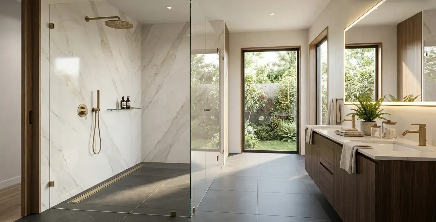 Conceptual rendering of a bathroom remodel shower wall finished in large format porcelain panels