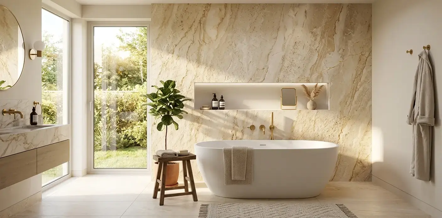 Conceptual rendering of a bathroom remodel accent wall in warm dolomite behind a soaking tub