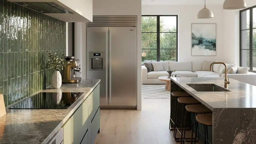 Modern kitchen with green vertical subway tile backsplash