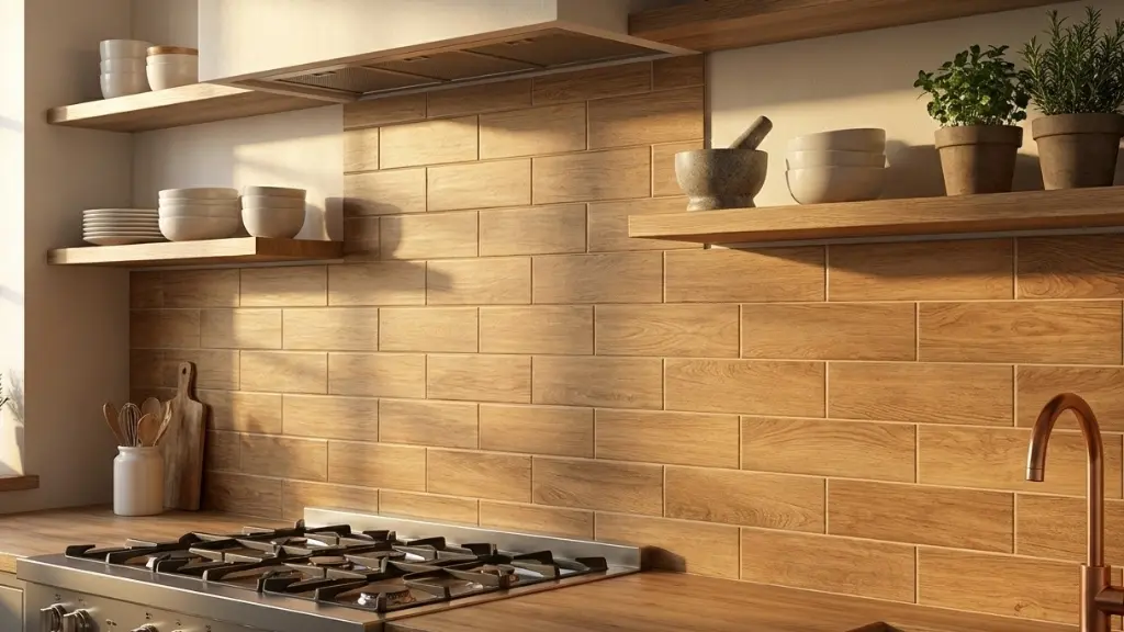 Wood-look tile backsplash in farmhouse kitchen