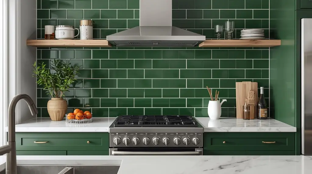 Green 3x9 subway tile backsplash in a kitchen with matching green cabinets